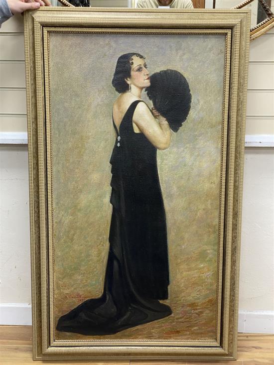 A. Carotti, oil on canvas, Full length portrait of a lady holding a feather fan, signed and dated 1935, 140 x 62cm